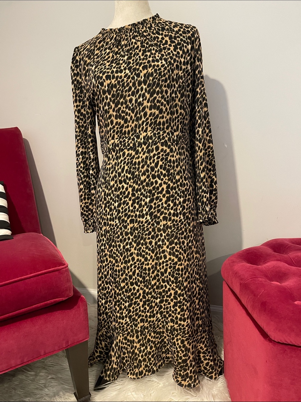 J Crew Leopard Print Long midi Sleeve Midi Dress - Tan/Black 6